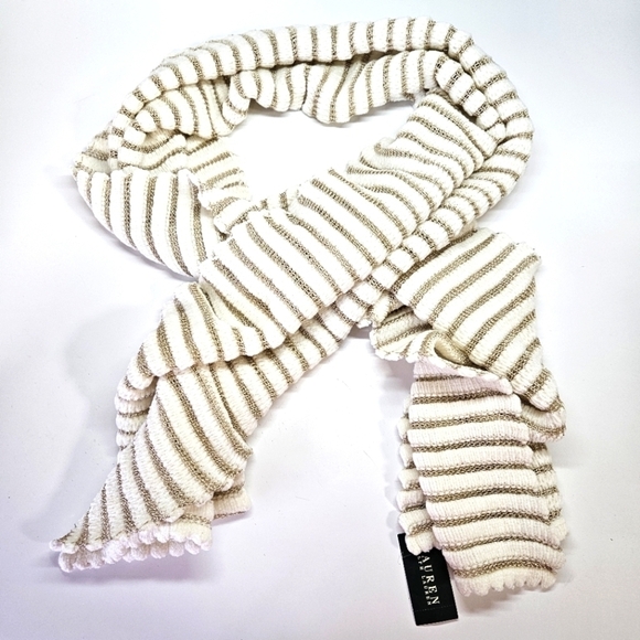 NEW Lauren Ralph Lauren Cream & Gold Metallic Stripe Scalloped Rectangle Scarf - Picture 2 of 6